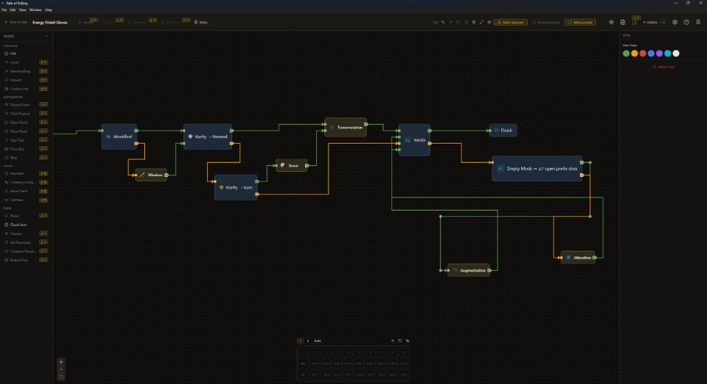 Path of Rolling craft tree editor showing an Energy Shield Gloves automation flow